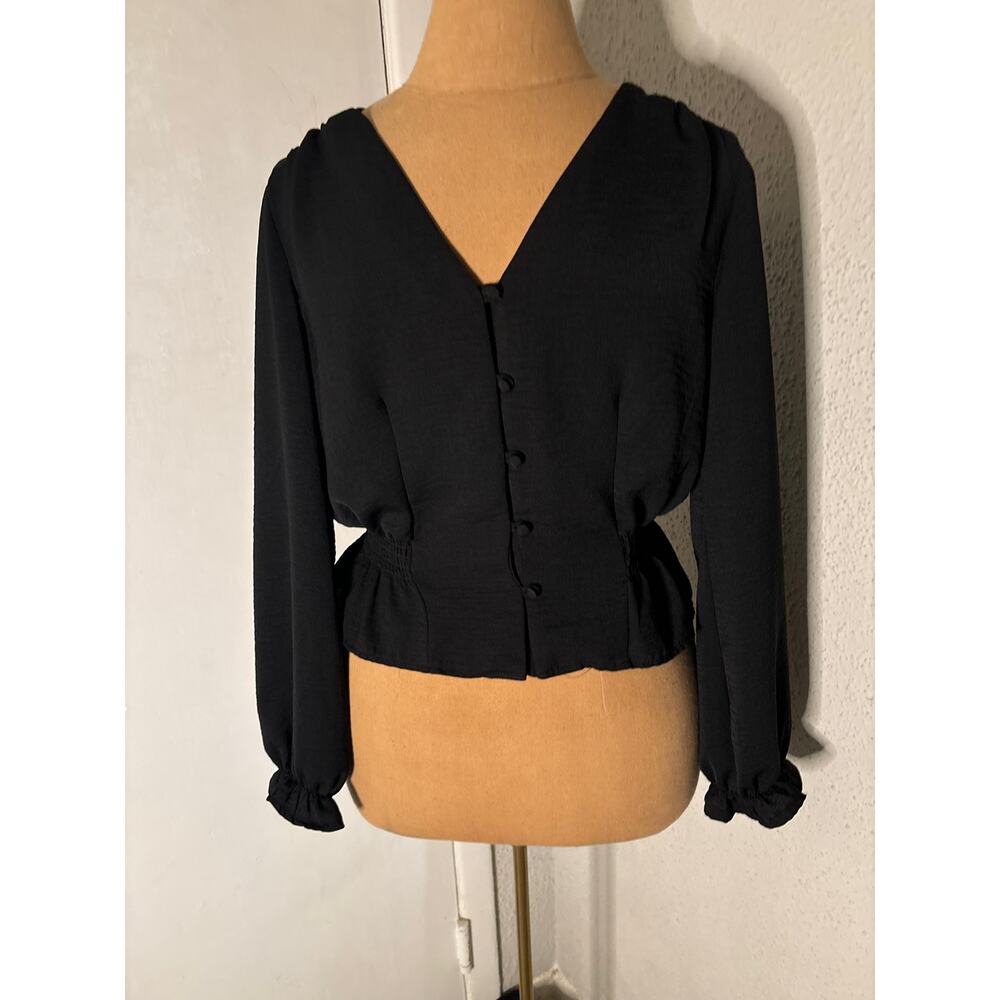 Topshop Black V-Neck Buttondown Smocked Peplum Top 2 Peasant Boho Classic Casual